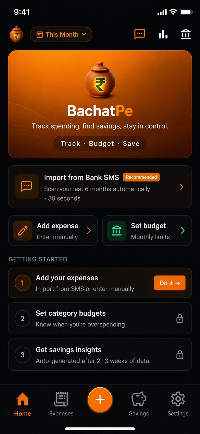 BachatPe home screen showing this month's spending and top categories